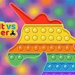 Hình ảnh một đồ chơi Pop It hình con kỳ lân với nền cầu vồng và chữ Pop It vs Spinner