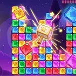 Bức ảnh mô tả một màn chơi với các khối vuông màu sắc và búa xuất hiện ở giữa, phông nền là bầu trời đêm và bóng mờ của tòa tháp