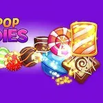 Hình ảnh hiển thị dòng chữ POP-POP CANDIES với nhiều viên kẹo màu sắc và hiệu ứng lấp lánh trên nền tím