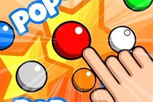 Một bàn tay chạm vào quả bóng đỏ trên nền cam với các ngôi sao và chữ POP màu xanh