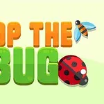 Chữ POP THE BUG được trang trí với hình ảnh một con bướm, một con ong và một con bọ rùa trên nền màu sáng