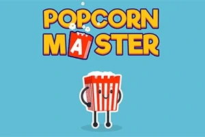 Hình ảnh có một hộp bắp rang bơ với khuôn mặt cười và dòng chữ lớn Popcorn Master trên nền xanh