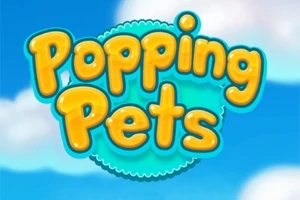 Dòng chữ Popping Pets màu vàng nổi bật trên nền bầu trời xanh với các đám mây trắng