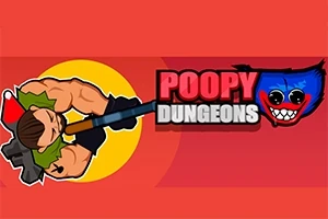 Hình ảnh có một nhân vật hoạt hình cơ bắp cầm súng, cùng chữ POOPY DUNGEONS trên nền đỏ