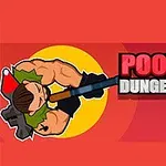 Hình ảnh có một nhân vật hoạt hình cơ bắp cầm súng, cùng chữ POOPY DUNGEONS trên nền đỏ