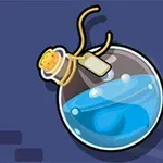 Bình thủy tinh chứa chất lỏng màu xanh với nút chai và dây thừng buộc trên nền màu xanh đậm
