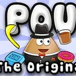 Nhân vật hoạt hình màu nâu đội mũ và áo vest với chữ Pou The Original cùng các đồ vật như bánh donut, đồ uống, chuối và xà phòng xung quanh
