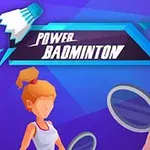 Hai nhân vật hoạt hình đang cầm vợt cầu lông trên nền màu xanh và tím với một chiếc cầu lông và dòng chữ Power Badminton
