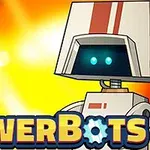 Hai robot hoạt hình đứng trước một nền vàng sáng, với một robot lớn có sọc đỏ và khuôn mặt phát sáng xanh, cùng một robot nhỏ hơn ở góc, cùng chữ PowerBots ở phía dưới