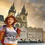Một phụ nữ đội mũ du lịch đứng trước cảnh quan thành phố với nhà thờ lớn và các tòa nhà kiến trúc cổ điển ở phía xa