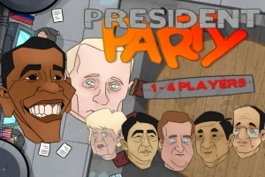 Các nhân vật hoạt hình với khuôn mặt của những người nổi tiếng và dòng chữ President Party phía trên