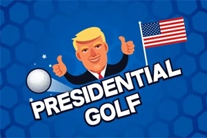 Hình ảnh có nhân vật hoạt hình tóc vàng giơ hai ngón cái bên cạnh cờ Mỹ và quả bóng golf với chữ Presidential Golf