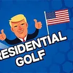 Hình ảnh có nhân vật hoạt hình tóc vàng giơ hai ngón cái bên cạnh cờ Mỹ và quả bóng golf với chữ Presidential Golf