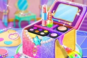 Hộp trang điểm màu sắc rực rỡ với son môi, phấn mắt, và gương, được trang trí bằng ngọc trai và ngôi sao
