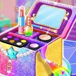 Hộp trang điểm màu sắc rực rỡ với son môi, phấn mắt, và gương, được trang trí bằng ngọc trai và ngôi sao