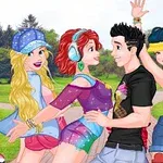 Bốn nhân vật hoạt hình mặc trang phục năng động và vui tươi, đứng gần nhau trong công viên