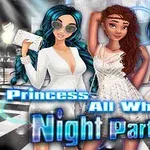 Ba cô gái trong trang phục trắng tại một bữa tiệc đêm với dòng chữ Princess All White Night Party
