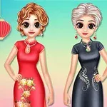 Hai nhân vật hoạt hình nữ mặc áo dài truyền thống với nền trời màu xanh nhạt, một chiếc đèn lồng đỏ và đám mây trắng