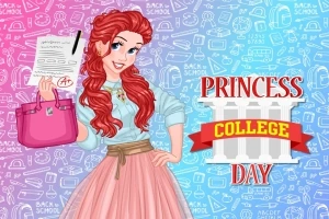 Một nhân vật nữ với mái tóc đỏ và trang phục thời trang cầm túi xách hồng và trang giấy điểm A+, đứng trước nền màu xanh và hồng với chữ Princess College Day