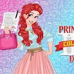 Một nhân vật nữ với mái tóc đỏ và trang phục thời trang cầm túi xách hồng và trang giấy điểm A+, đứng trước nền màu xanh và hồng với chữ Princess College Day