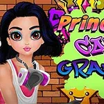 Cô gái với mái tóc đen và mặt nạ sơn đứng trước bức tường gạch có hình vẽ graffiti đầy màu sắc
