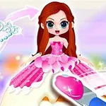 Hình ảnh một cô gái hoạt hình trong chiếc váy hồng lộng lẫy với nền màu sắc rực rỡ