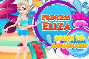 Công chúa Eliza mặc đồ bơi đứng trước công viên nước nhiều màu sắc với dòng chữ Princess Eliza Going to Aquapark