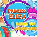 Công chúa Eliza mặc đồ bơi đứng trước công viên nước nhiều màu sắc với dòng chữ Princess Eliza Going to Aquapark