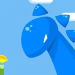 Nhân vật hoạt hình tóc xanh lá cầm kiếm vàng đối mặt với một sinh vật xanh lớn với chấm trắng trên đầu