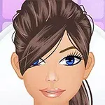 Hình minh họa một cô gái hoạt hình với mái tóc nâu cài cao và đôi mắt xanh, nền màu tím nhạt