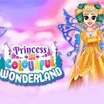 Hai nàng tiên với váy xanh và vàng đứng hai bên dòng chữ Princess in Colourful Wonderland trên nền bầu trời rực rỡ