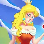 Công chúa tóc vàng đội vương miện đứng trên nền trời xanh, cầm viên đá quý đỏ