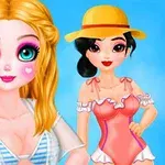 Hai nhân vật hoạt hình nữ trang điểm sặc sỡ, một với tóc vàng và mắt to, người kia đội mũ rộng vành
