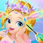 Cô gái tóc vàng với mũ đội đầu trang trí bằng vỏ sò và san hô, cùng chú cua đang trang điểm với không gian đầy màu sắc