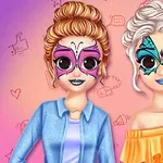 Hai cô gái với tóc bới và đeo mặt nạ trang trí màu sắc đứng trên nền họa tiết đơn giản
