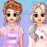 Hai cô gái hoạt hình với mái tóc xoăn và dài, mặc trang phục thời trang màu pastel, đứng trên nền màu xanh tím với các biểu tượng hình trái tim và sấm sét