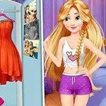 Nhân vật hoạt hình đứng bên tủ quần áo với hai chiếc váy màu cam và đen trên móc treo