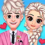Hai nhân vật hoạt hình với mái tóc màu sáng, một người mặc vest hồng và một người mặc váy trắng, đứng cạnh nhau trên nền xanh, với hai hình trái tim đỏ xung quanh