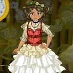 Cô gái mặc váy trắng nhiều tầng, áo corset đỏ và đeo kính bảo hộ trên nền hơi nước và bánh răng cưa