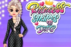 Công chúa tóc bạch kim mặc váy chấm bi đứng trước nền tím với chữ Princess Stripes vs Dots nhiều màu sắc