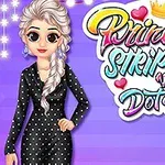 Công chúa tóc bạch kim mặc váy chấm bi đứng trước nền tím với chữ Princess Stripes vs Dots nhiều màu sắc