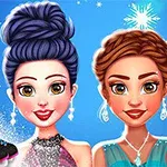 Hai nhân vật hoạt hình nữ với váy dạ hội, kiểu tóc sang trọng, nền xanh tuyết, cạnh đôi giày trượt băng đen với dây màu xanh
