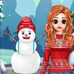 Hai cô gái đứng cạnh người tuyết với mũ đỏ trong khung cảnh mùa đông