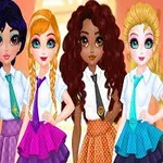 Các nhân vật nữ hoạt hình mặc đồng phục học sinh với áo sơ mi trắng và váy màu sắc khác nhau đứng cạnh nhau