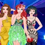 Bốn nhân vật hoạt hình nữ mặc váy sang trọng đứng cạnh nhau trong một buổi tiệc với ánh sáng neon