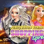 Hai nhân vật nữ mặc váy lấp lánh đứng trước cửa hiệu đèn sáng với chữ Princesses Paris Shopping Spree