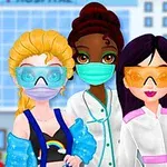 Ba nhân vật hoạt hình nữ đeo kính bảo hộ và khẩu trang đứng trước một tòa nhà bệnh viện