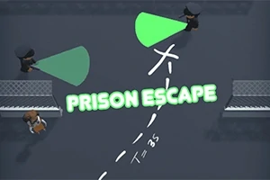 Hai nhân vật mặc đồ đen chiếu đèn pin với ánh sáng màu xanh lá, ở giữa có dòng chữ PRISON ESCAPE