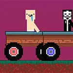 Hai nhân vật pixel ngồi trên một chiếc xe gỗ với bánh xe màu trên nền màu tím
