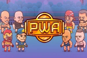 Các nhân vật hoạt hình đứng thành hai hàng đối diện nhau với biểu tượng PWA lớn ở giữa